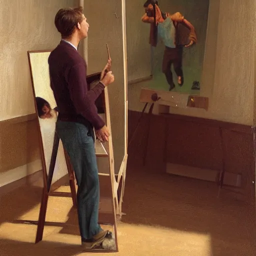 Prompt: Harold knight painting of zach efron posing in a studio,