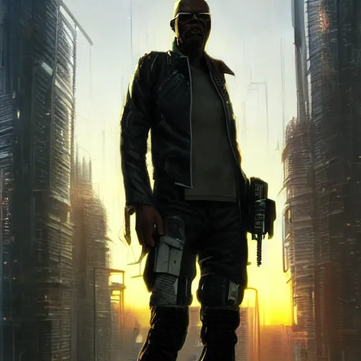 Image similar to samuel jackson, cyberpunk ex soldier with a scar in his face, sunset, neuromancer, cyberpunk city background, megacity, gorgeous view, depth, painted by seb mckinnon, high detail, digital art, painted by greg rutkowski, trending on artstation