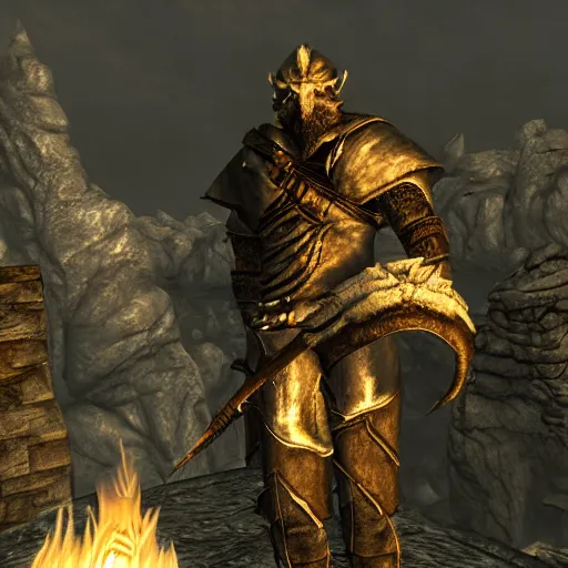 Image similar to skyrim, detailed, lighting, dragonborn, fire, mythical, tower