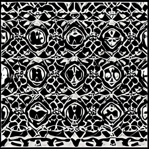 Image similar to high resolution, black and white, symmetric , low Polly, ancient patterns coming from deep within the between