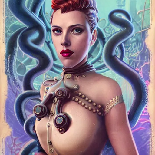 Image similar to lofi underwater bioshock steampunk portrait of scarlett johansson, octopus, Pixar style, by Tristan Eaton Stanley Artgerm and Tom Bagshaw.