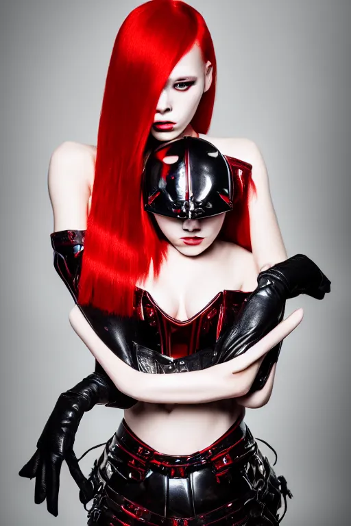 Image similar to very beautiful demon top model, red hair, wearing louis vuitton armor, luxury materials, symmetrical, cinematic, elegant, professional studio light, real dlsr photography, sharp focus, 4 k, ultra hd, sense of awe, high fashion