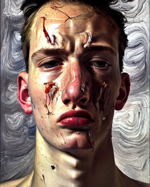 Image similar to a close up portrait a very ordinary young man with an angry expression, high angle, facing front, looking down, by Lucian Freud and Jenny Saville, oil painting, anatomically correct, beautiful perfect face, visible brushstrokes, sharp focus, Highly Detailed, Cinematic Lighting, 8k, HD