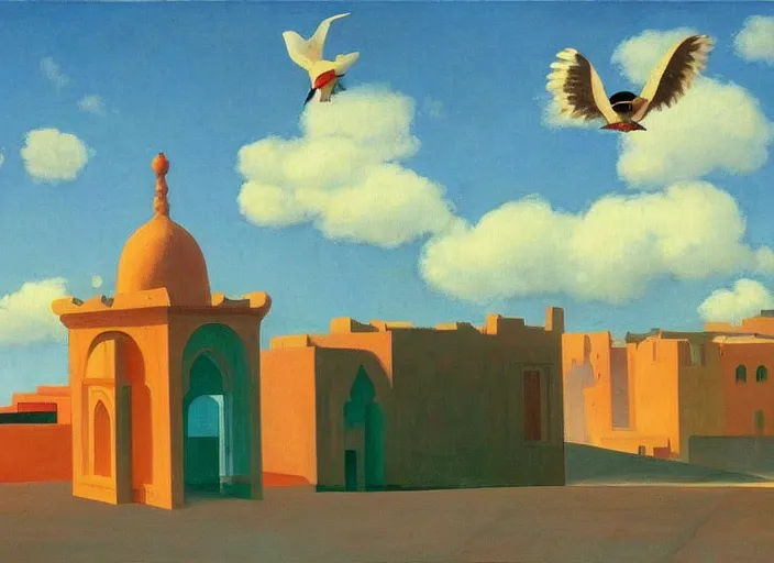 Image similar to old moroccan city, clouds, bird, open ceiling, strange foreign objects, oil painting by edward hopper, chirico and rene magritte