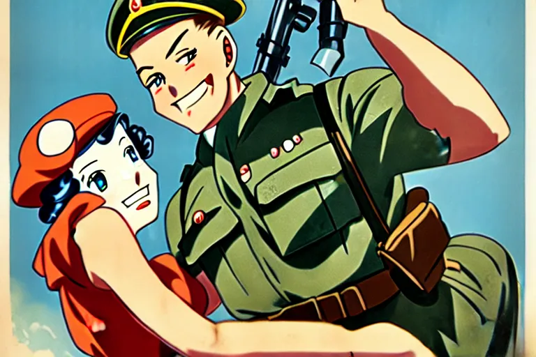 Image similar to 1940s, war, anime, poster, smiling tanks