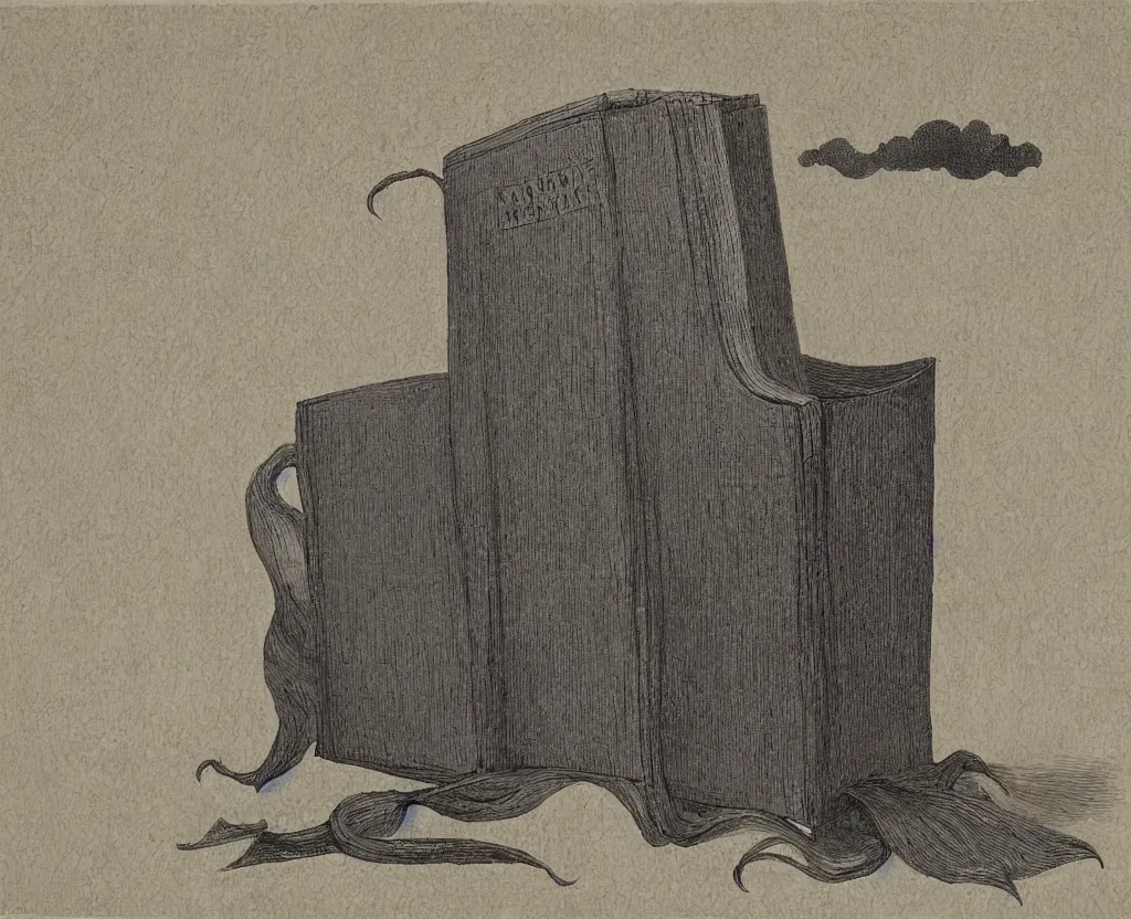 Prompt: a painting of a large book on a stand with evil vapors escaping from it, in the style of edward gorey