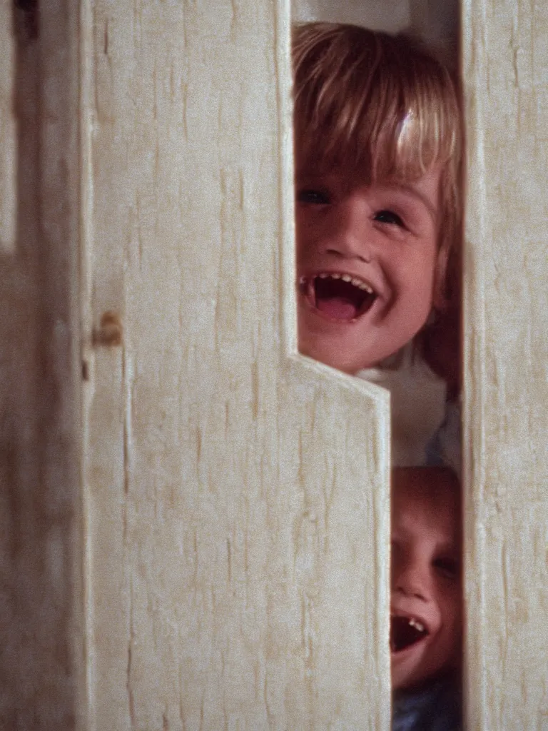 Image similar to a cute little blonde kid trying to see through a huge vertical crack on a white wooden door and grinning maniacally, a film still from the 1980 movie the shining, 4k, grainy, panavision