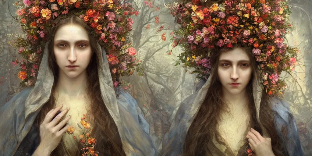 Prompt: breathtaking detailed weird concept art painting of few goddesses of flowers, orthodox saint, with anxious, piercing eyes, ornate background, amalgamation of leaves and flowers, by volegov, extremely moody lighting, 8K