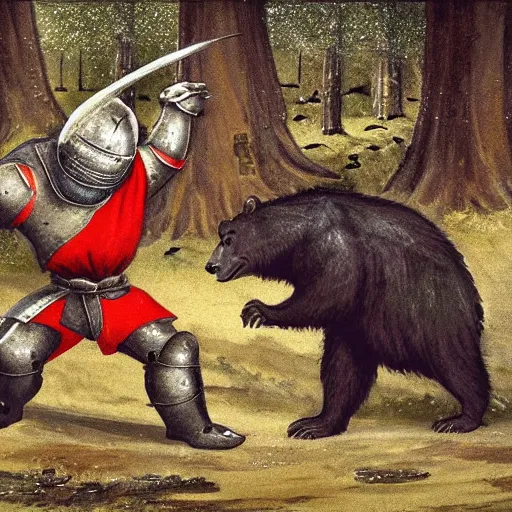 Image similar to medieval knight fights a bear. the bear is gigantic