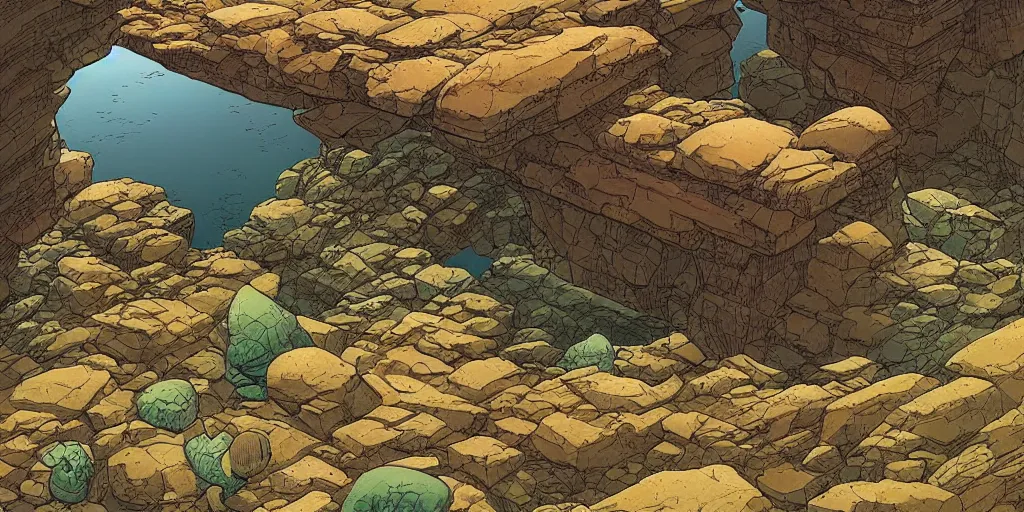 Prompt: a mile above a rocky landscape. isometric perspective. science fiction art. alien world. moebius