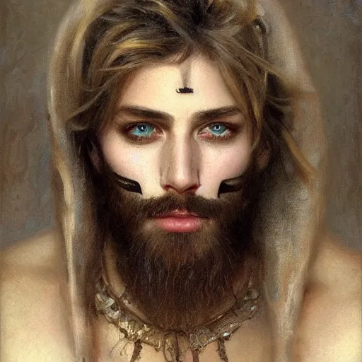 Image similar to photorealistic painting of a male face with piercings, realistic eyes, symmetric face, beautiful bone structure, beard, dark blonde long hair, painting by gaston bussiere