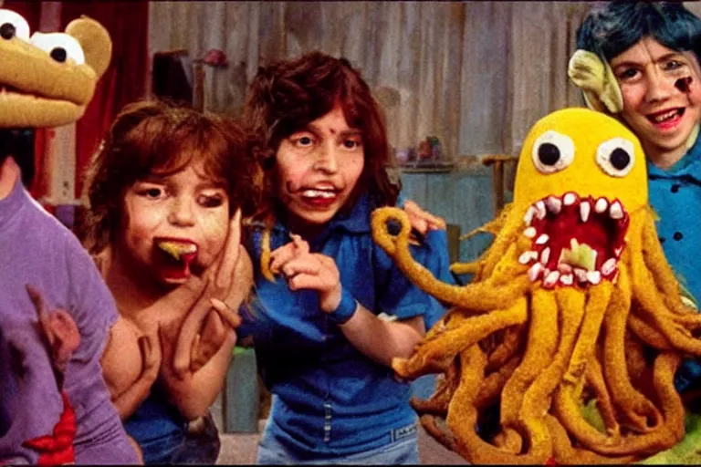 Prompt: full color frame from a live action 1972 kids show with Cthulhu, sad cheese puppet, and the friends having a tickle party, horror, grunge, upsetting