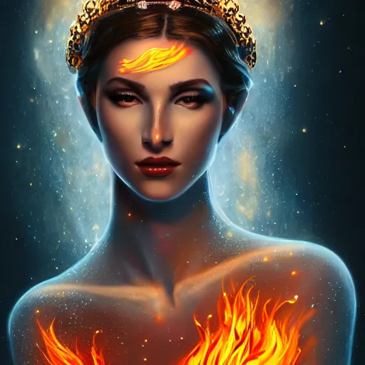 Image similar to A stunning portrait of a goddess, her body made of flames, 8K UHD, intricate, fantasy, Trending on artstation.