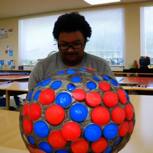 Image similar to teacher creating to - scale model of human eye for pedagogy purposes using bowling balls