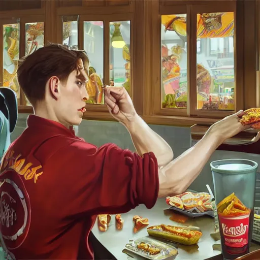 Image similar to youtuber jerma 9 8 5 ordering fastfood, highly detailed, digital painting, artstation, sharp focus, illustration, art by tan zi and ayanamikodon, artgerm and alphonse mucha and wlop