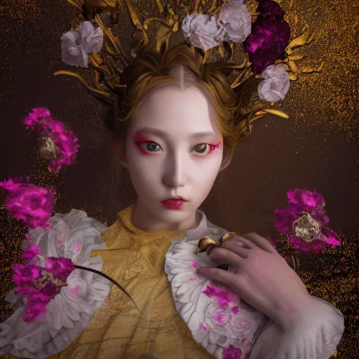 Image similar to 8k, octane render, realism, tonalism, renaissance, rococo, baroque, portrait of a young lady wearing long harajuku manga dress with flowers and skulls, background chaotic gold leaf flowers