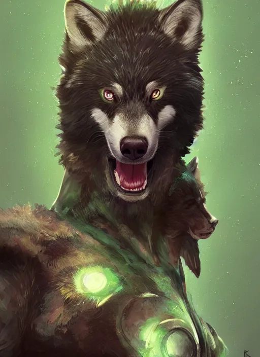 Image similar to green eyed superhero with wolf head and bear body, hyper detailed, digital art, trending in artstation, cinematic lighting, studio quality, smooth render, unreal engine 5 rendered, octane rendered, art style by klimt and nixeu and ian sprigger and wlop and krenz cushart.