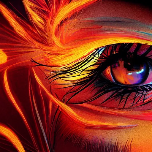 Prompt: eyelashes on fire, digital art, hyper detailed