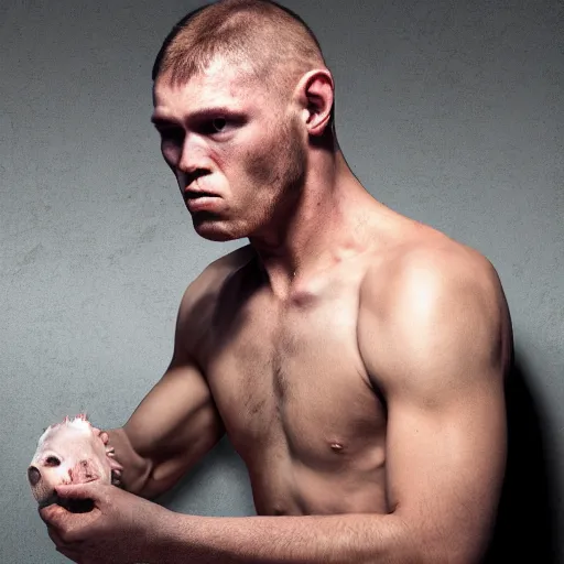 Image similar to Live Action Still Man With Pig Head As Boxer with his hands raised in victory, real life, hyperrealistic, ultra realistic, realistic, highly detailed, epic, HD quality, 8k resolution, body and headshot, film still,Exquisite detail, post-processing, masterpiece, Cinematic Lighting, Unreal Engine, 8k, HD