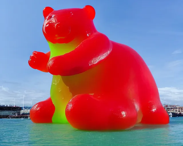 Image similar to a giant sculpture of a giant gummy bear on the water, award winning, hyper - realistic, very detailed, realistic water, ray tracing, 8 k resolution, long - shot, sharp focus, low angle, 8 5 mm photograph, wide lens