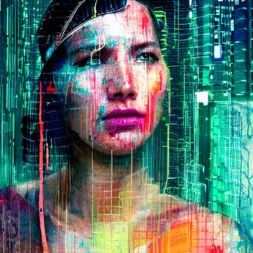 Prompt: portrait of a olivia munn as a cyberpunk hacker, with wires and bandages, machines, glitched, photography, marta syrko, julia margaret cameron, painterly, dripping and splashing coloured paint. scumbling, de kooning, craig mullins