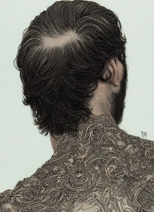 Image similar to darkhaired man seen from behind, head and shoulders, intricate, highly detailed, centered, digital painting, artstation, concept art, smooth, sharp focus, illustration, art by artgerm and donato giancola and Joseph Christian Leyendecker