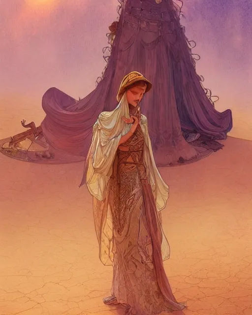 Image similar to bedouin in the desert worshipping in the mosque, highly detailed, gold filigree, romantic storybook fantasy, soft cinematic lighting, award, disney concept art watercolor illustration by mandy jurgens and alphonse mucha and alena aenami, pastel color palette, featured on artstation