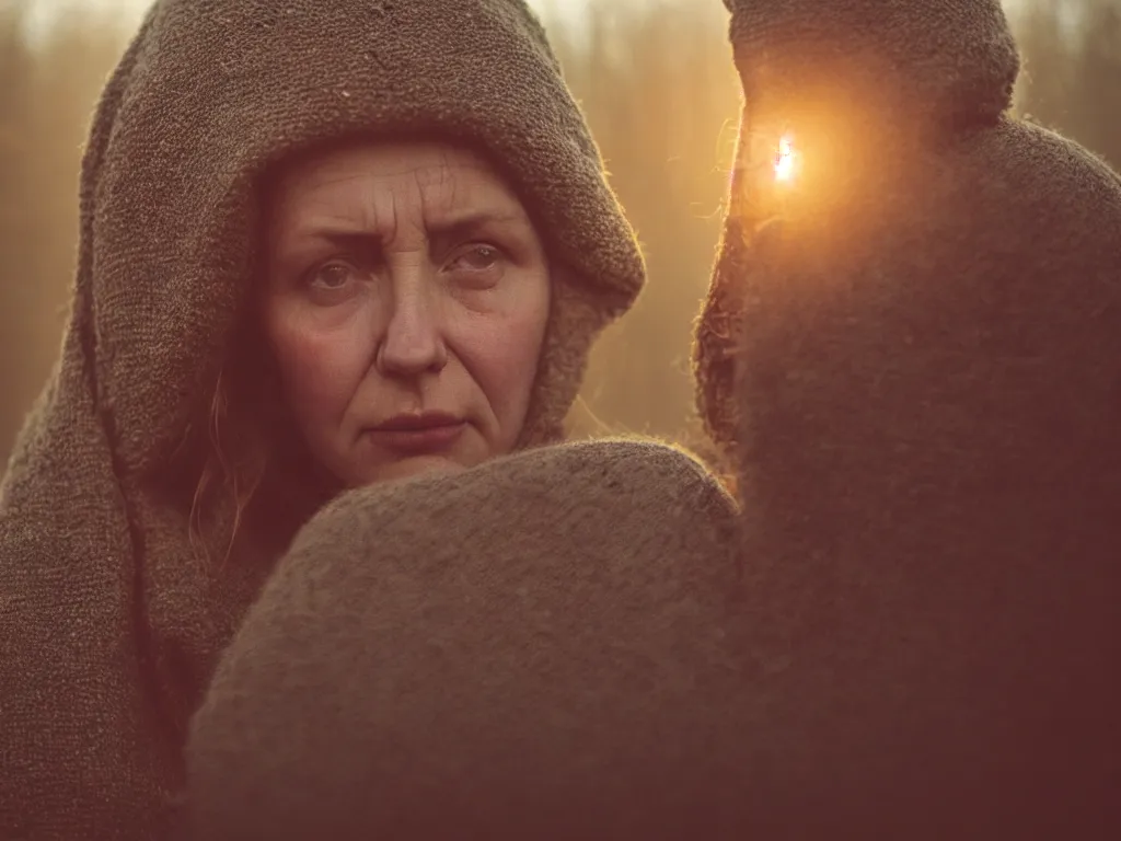 Image similar to close up portrait bust of woman sitting on fence, tired expression, faded color film, russian cinema, tarkovsky, technicolor, heavy forest, wood cabin in distance, shallow depth of field, long brown hair, old clothing, heavy fog, brown color palette, sunset, low light, hudson river school, 4 k, dramatic lighting
