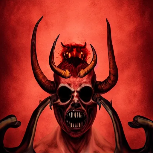 Image similar to the _ devil _ holding _ a _ skull _ red _ horns _ ominous _ fiery _ background _ symmetrical _ detailed _ face _ despair _ highly _ detailed _ high _ resolution _ sandro _ botticel