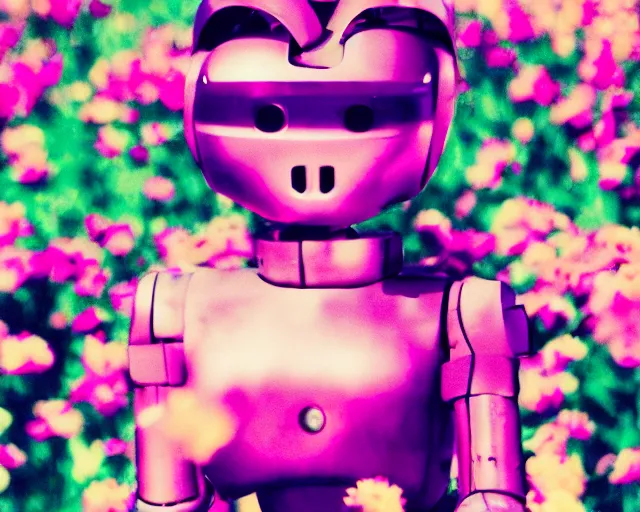 Prompt: oversaturated, burned, light leak, expired film, photo of a robot girl crying crowded by busy flowers