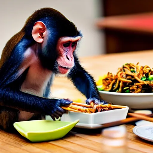 Image similar to Monkey eating Chinese food from a box using chopsticks