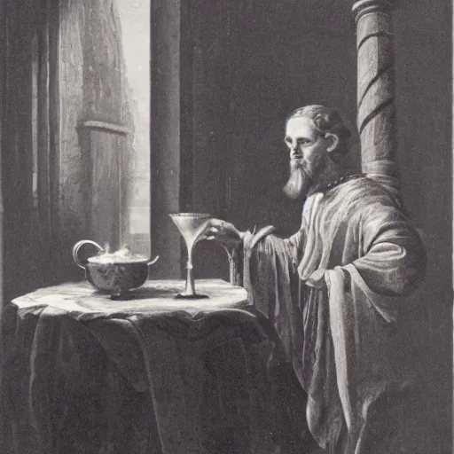 Image similar to a mystical man with a goblet on the table