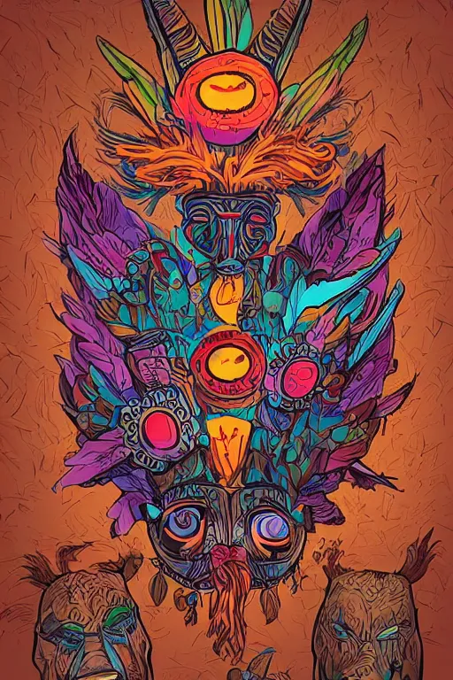 Image similar to animal mask totem roots flower tribal feather gemstone plant wood rock shaman vodoo video game vector cutout illustration vivid multicolor borderlands comics by josan gonzales and dan mumford radiating a glowing aura