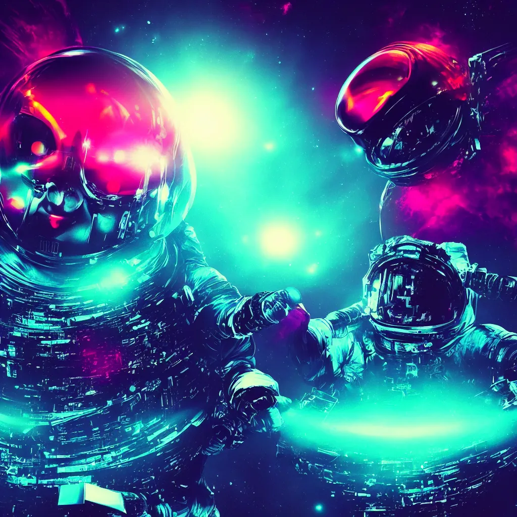 Prompt: astronaut sucked into blackhole, synthwave, glitchy, reflective, holographic, neon, trending on artstation