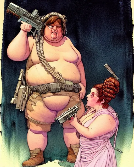 Image similar to a realistic and atmospheric watercolour fantasy character concept art portrait of a fat, chibi princess leia with pink eyes wearing a wife beater and holding a gun. by rebecca guay, michael kaluta, charles vess and jean moebius giraud