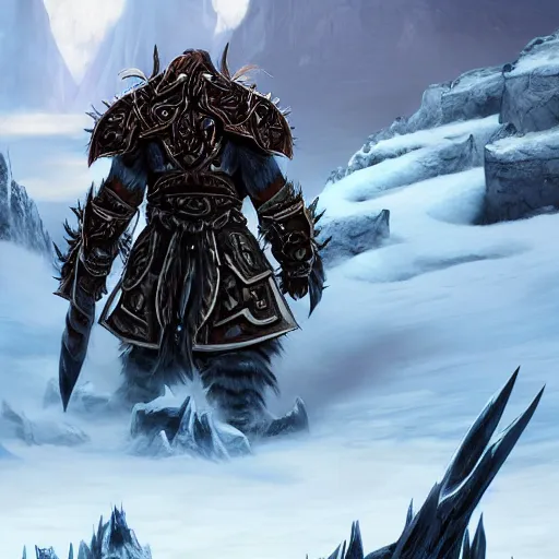 Image similar to world of warcraft orc warrior viewed from the back in spiky epic full plate armor standing in front of a vast icy land and dark icy mounatins in the background, extreely detailed, wow, cinematic, unreal engine 5, artistic, movie poster, world of warcraft cinematics style, only dark contrasting colours, colours ranging of blue white and black