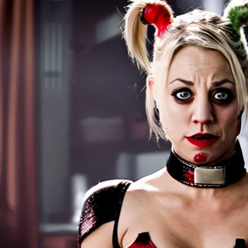 Image similar to A still of Kaley Cuoco as Harley Quinn