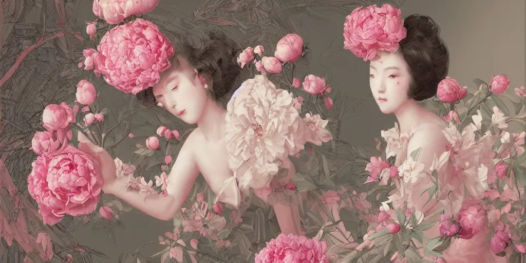 Image similar to breathtaking detailed concept art painting blend of few pink short hair goddesses of peonies flowers by hsiao - ron cheng with anxious piercing eyes, vintage illustration pattern with bizarre compositions blend of flowers and fruits and birds by beto val and john james audubon, exquisite detail, extremely moody lighting, 8 k