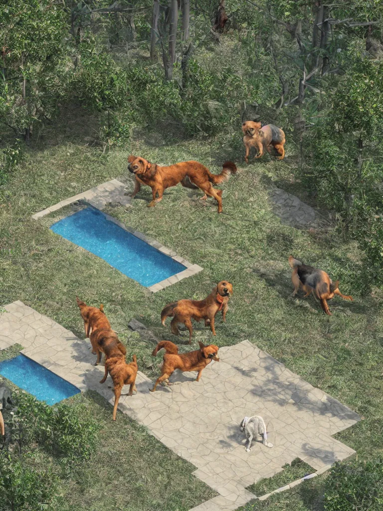 Prompt: team of 3 different sized dogs, escaping modern rich person villa with swimming pool surrounded by climate change forest and wild fire, birds eye view, 3d render, impressionistic