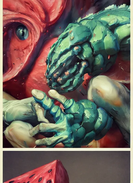 Image similar to semi reallistic gouache gesture painting, by yoshitaka amano, by ruan jia, by Conrad roset, by dofus online artists, detailed anime 3d render watermelon monster, watermelon terrible monster, antrophomorfic watermelon, portrait, cgsociety, artstation, rococo mechanical, Digital reality, sf5 ink style, dieselpunk atmosphere, gesture drawn