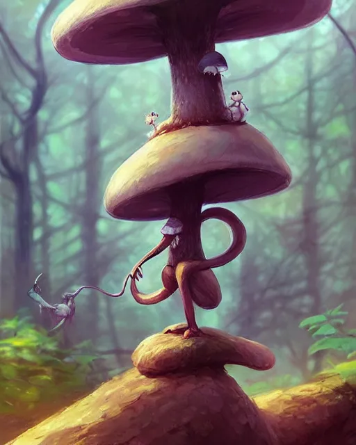 Prompt: concept art of a mushroom creature, wearing tight clothes made of rocks, standing on a log in a forest | | cute - fine - fine details by stanley artgerm lau, wlop, rossdraws, and sakimichan, trending on artstation, brush strokes