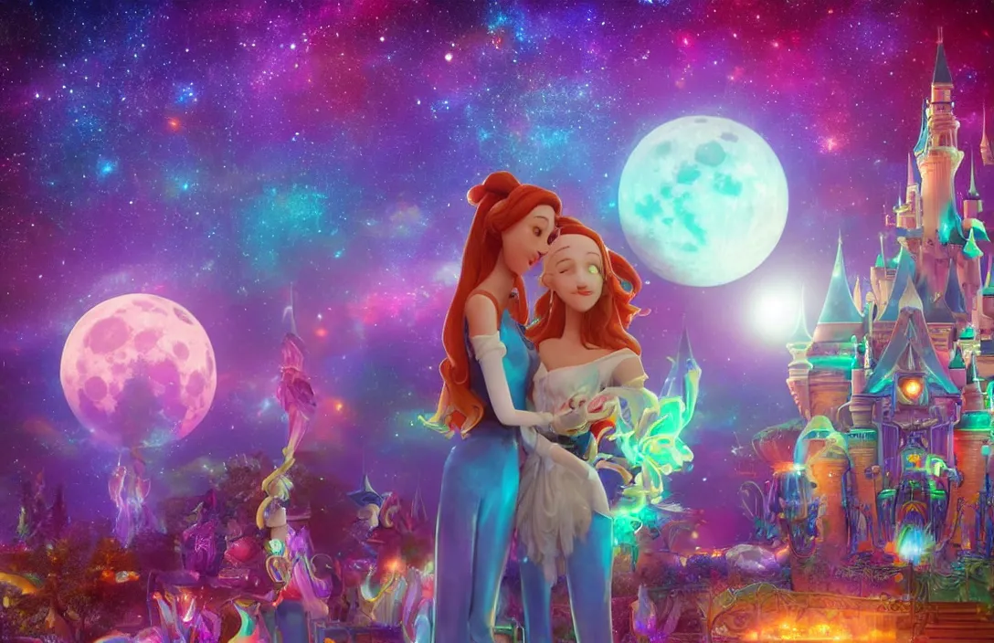 Prompt: boyfriend and girlfriend on a first date in the astral disneyland realm, holding each other, in the background is the astral disneyland resort, with a colorful universe behind it, the moon of disney spirits shines overhead, festive atmosphere, epic fantasy, ultra hd render, + 4 k uhd + very crisp and clear image, romantic