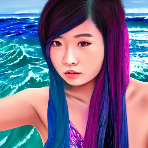 Prompt: beautiful modern asian girl with tattoo's and blue pink purple long hair looking in the camera with sea with big waves in the background, portrait, 8 k, digital art, detailed realistic eyes.