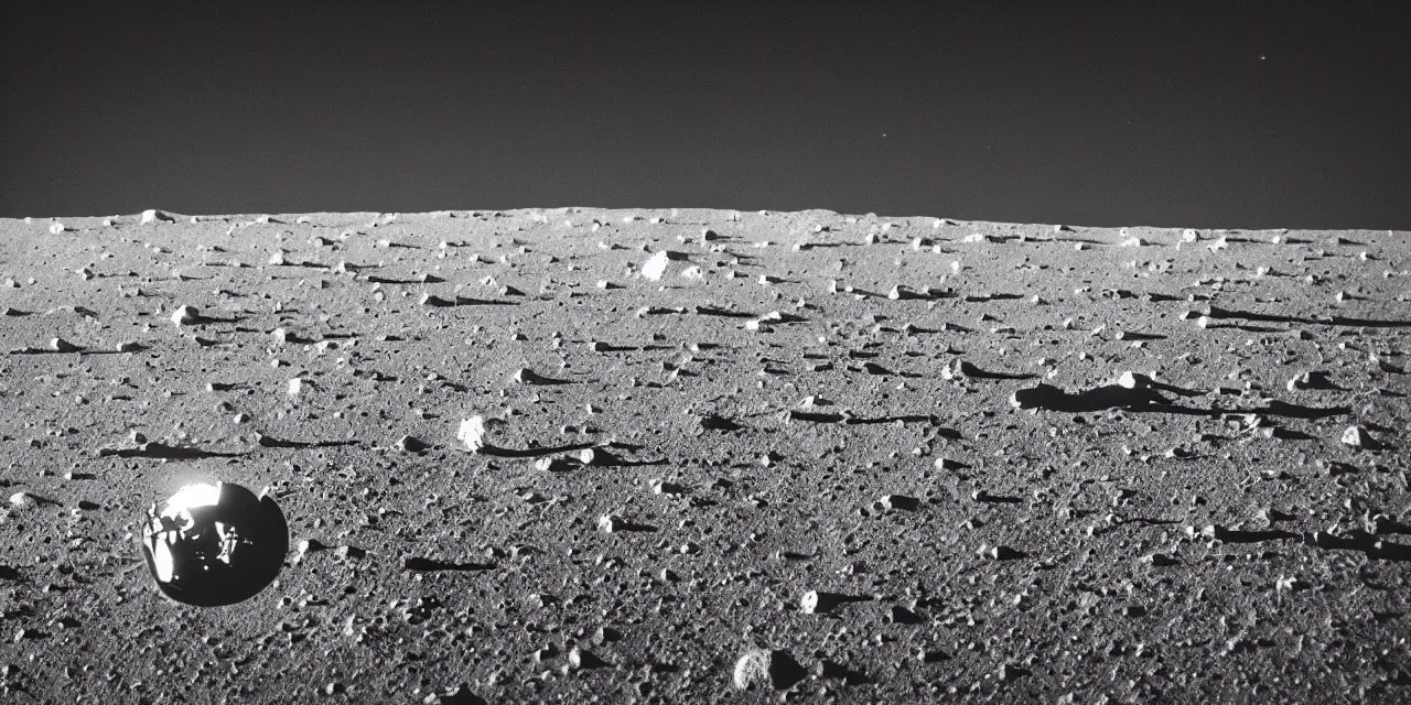 Prompt: view from the surface of the moon, cinematic film still, film grain, looking up at tall white spaceship, glowing landing lights on spaceship, stars and space in the dark background, full frame photography