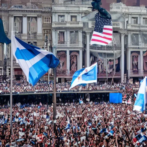 Image similar to Lady Gaga as president, Argentina presidential rally, Argentine flags behind, bokeh, giving a speech, detailed face, Argentina