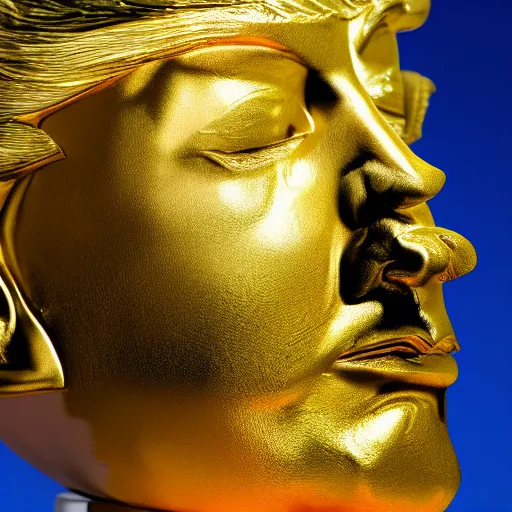 Image similar to donald trump golden statue starting to melt, drips of molten metal ground angle, uhd 8 k, sharp focus