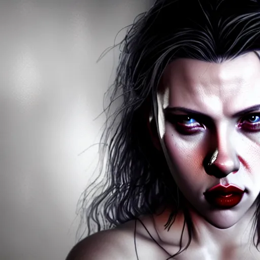 Image similar to cute vampire scarlett johansson, ultra realistic, concept art, intricate details, dark vibe, highly detailed, photorealistic, octane render, 8 k, unreal engine,