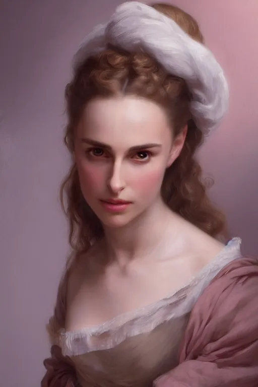 Image similar to Nathalie Portman portrait, loving amber eyes, a shy face, style portrait painting of François Boucher, Oil Painting, unreal 5, DAZ, hyperrealistic, octane render, Regal, Refined, Detailed Digital Art, RPG portrait, William-Adolphe Bouguereau, Michael Cheval, dynamic lighting, Highly Detailed, Cinematic Lighting, Unreal Engine, 8k, HD