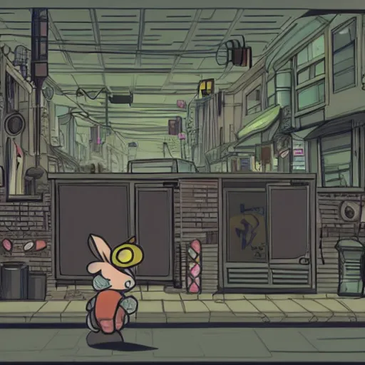 Prompt: concept art of video game about rabbit travelling through a cyberpunk city to find it's owners