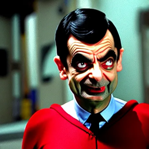 Image similar to mr. bean as superman. movie still. cinematic lighting.